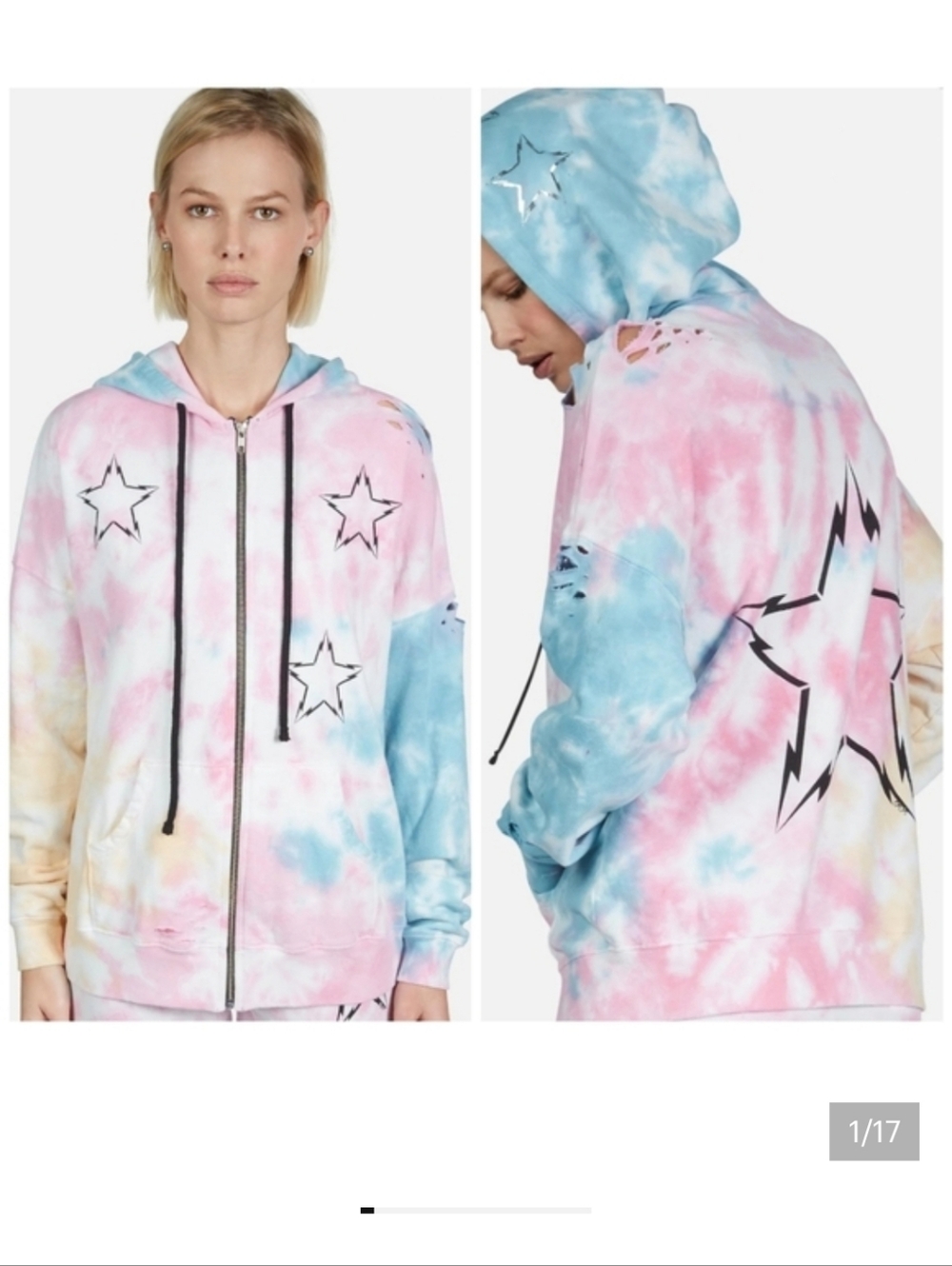 Lauren Moshi Koa Distressed Lightening Bolt Star zipper hoodie